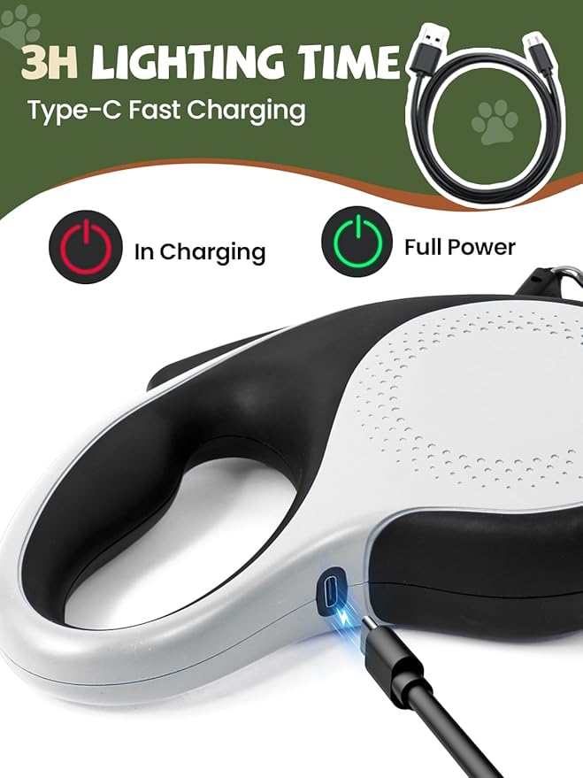 Retractable Dog Leash with Led Light, Douexio 16ft Heavy Duty Dog Leash Retractable for Medium Large Dogs Up to 110lbs,360° Tangle-Free, One-Button Control, High Strength Hook (White, 66-110lbs)