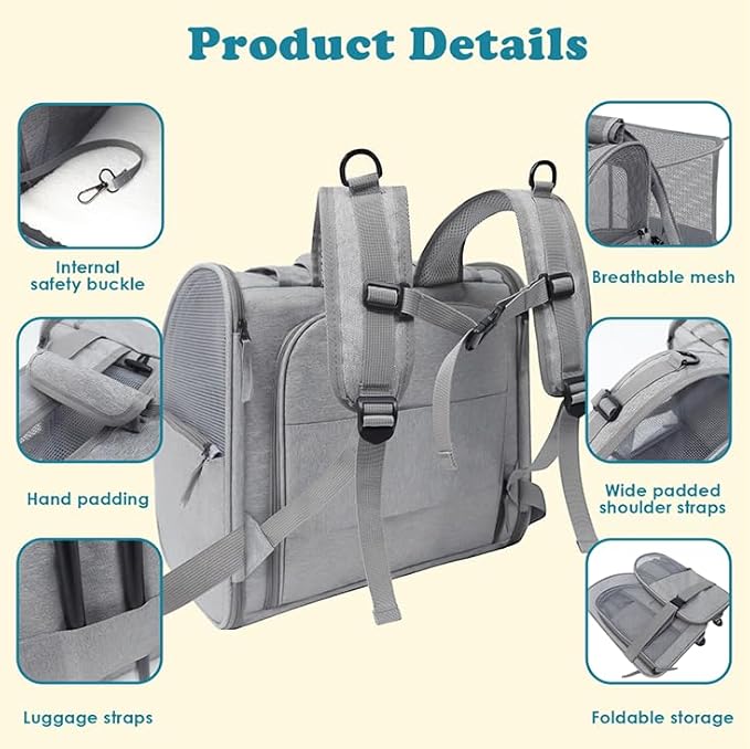 XIAPIA Cat Backpack Carrier, Expandable Large Pet Carrier Backpack Bag for Cats & Small Dogs Up to 20lbs, Foldable with Breathable Mesh for Hiking & Air Travel (16.5"x14.9"x9.8", Grey)
