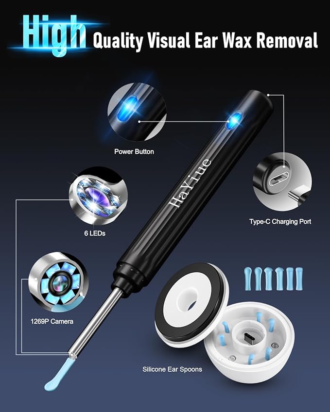 Ear Wax Removal Tool Camera, Ear Cleaner with Camera, Ear Cleaning Kit 1296P HD Ear Scope, 6 LED Lights and 6 Ear Picks, Earwax Removal with Otoscope to Earify Earwax for iOS and Android