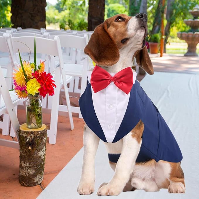 QBLEEV Dog Tuxedo Suit with Bow Tie, Formal Dog Tux Costume and Bandana Set for Wedding Outfit Birthday Party Cosplay Photo Shoot, Doggy Prince Attire for Chihuahua Yorkie Shih Tzu Pomeranian