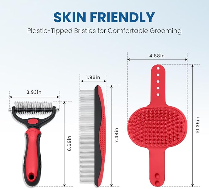 Double-Sided Pet Grooming Rake - 4-in-1 Professional Pet Grooming Kit Deshedding Dematting Tool for Dogs Cats Extra-Wide Grooming Brush & Deshedder Comb for Long & Short Haired Pets (Red Kit 4PCS)
