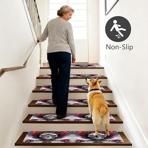 Abstract Skulls Roses Stair Treads for Wooden Steps Indoor Washable Staircase Carpet 10PCS 30"x7.8" Stair Step Treads Non-Slip Staircase Covers Peel and Stick Safety Mat for Kids Elders Pets