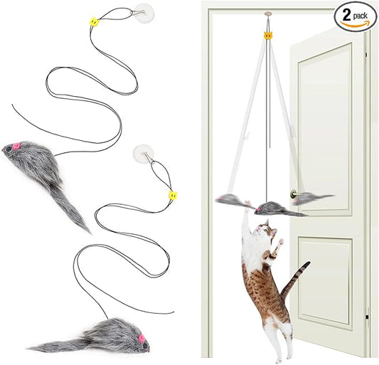 2PCS Cat Toys for Indoor Cats, Interactive Fly Chase Cat Door Toy Mouse Feather Toys for Mental Physical Stimulation, Kitten Toys Retractable Cats String Toys Teaser Play Exercise