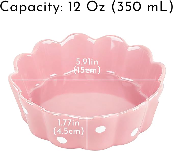 Ceramic Cat Bowl, Scalloped Edge with White Polka Dots – Pet Feeding Dish with Anti-Slip Base for Cats and Small Dogs, Pink