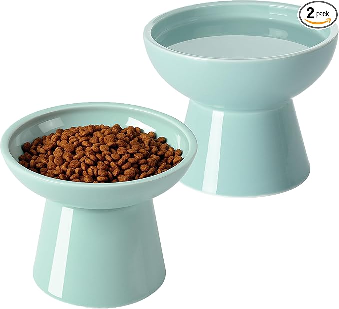 LoeJan Elevated Cat Food and Water Bowls Set, Extra Wide and Raised Ceramic Feeder, Anti-Vomit Whisker-Free Pressure Feeding Bowl for Kittens Adult Small Dogs, Blue