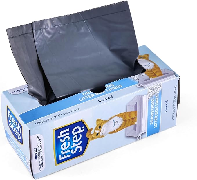 Fresh Step Jumbo Drawstring Cat Litter Box Liners Unscented Heavy Duty Kitty Litter Bags X-Large Oval or Rectangle Pans Contains Mess Easy Lift Out Cleanup 36 x 19 IN 7 Count 36 Pack