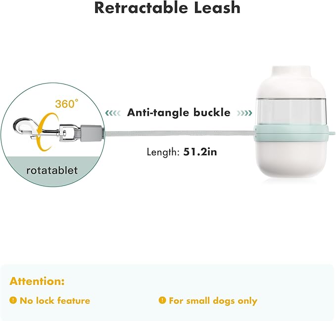 3 in 1 Dog Water Bottle with Crossbody Strap & Retractable Leash, Portable Dog Travel Water Bottle with Treat & Poop Bag Dispenser for Small Dogs Walking Hiking(Off-White)