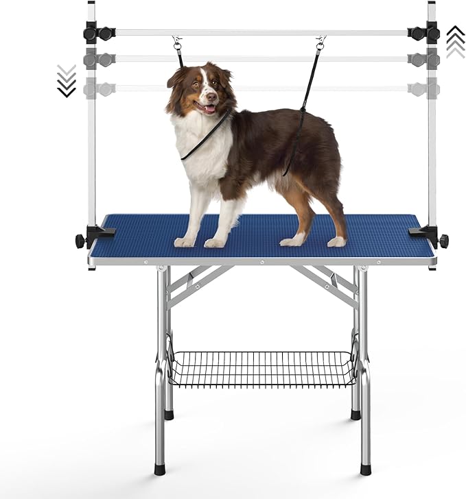 Dog Grooming Table, Adjustable Large Pet Drying Desktop, Foldable Bathing Desk with Arms, Noose, Mesh Tray, Maximum Capacity Up to 330Lb, 36in, Navy