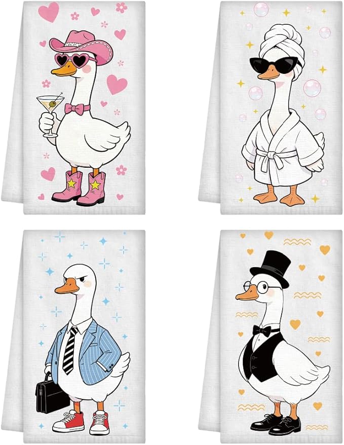 WADORN 4Pcs Funny Goose Kitchen Hand Towels, Cute Goose Kitchen Dish Tea Towels 24 x 16 Inch Soft Microfiber Absorbent Home Bathroom Decorative Gifts for Farm Animal Gifts Bird Lovers Housewarming