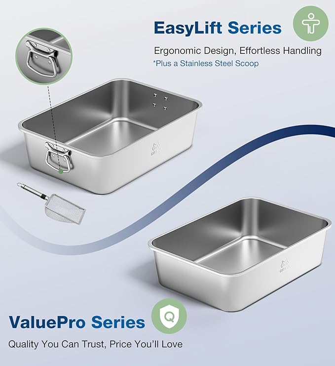 Qiuma Stainless Steel Litter Box, Large Cat Litter Box with High Sides, Odor-Free, Non-Stick, Easy to Clean, 19.5"×13.6"×5.9", Ideal for Medium to Large Cats, Litter Tray