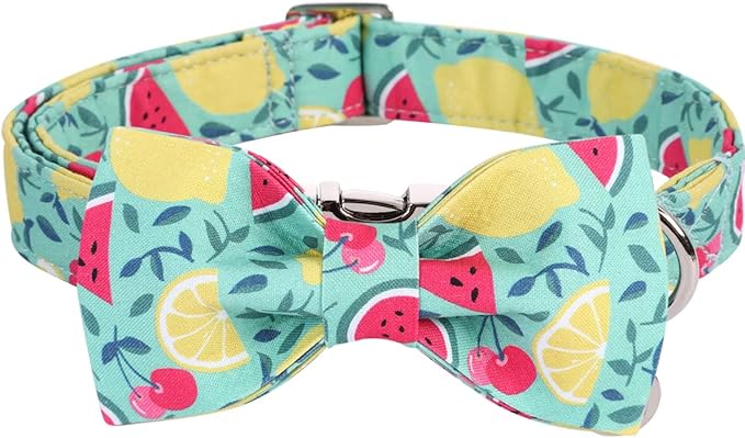 DOGWONG Cotton Summer Dog Collars, Lemon Bowtie Dog Collar, Adjustable Heavy Duty Girl Dog Collar with Bow for Small Medium Large Dogs,XS