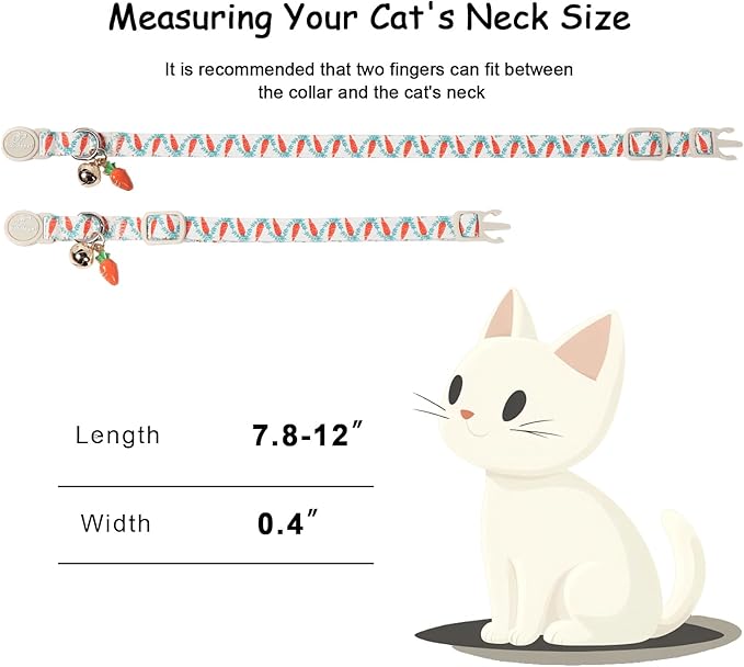 2 Pack Cute Cat Collars - Playful Carrot & Floral Printe Soft Breakaway Cat Collar with Bell & Matching Pendant, Adjustable Spring Summer Kitten Collars for Boy Girl Cats