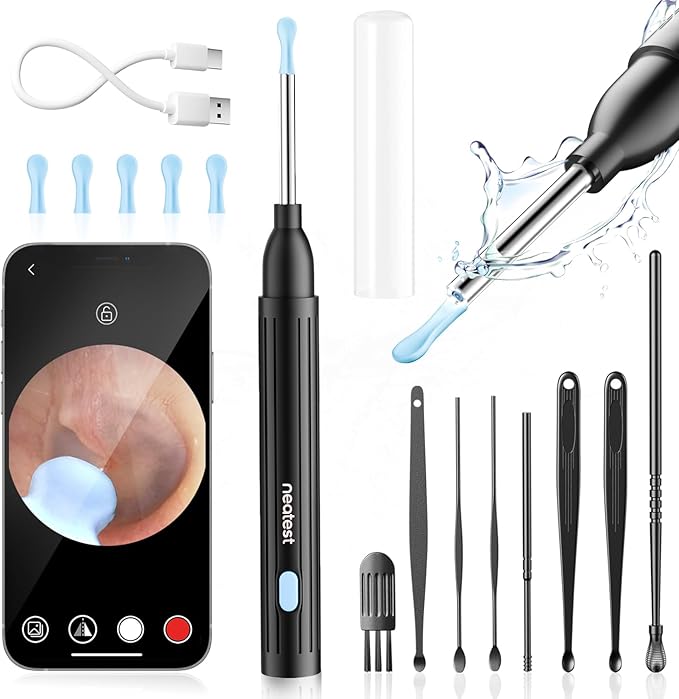 NEATEST Ear Wax Removal Tool with Camera, 1296P HD Wireless Otoscope, 6 LED Lights, IP67 Waterproof, Rechargeable 8 Pcs Ear Cleaning Kit for iOS & Android (Black)