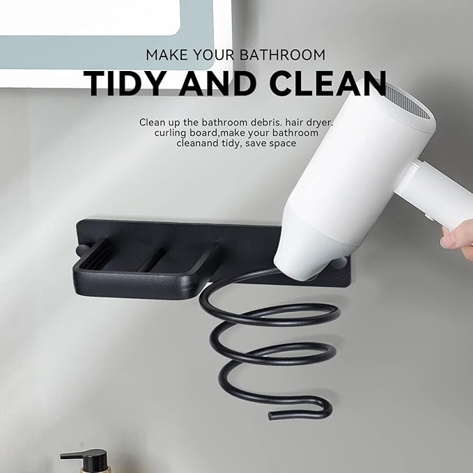 YUET Hair Dryer Holder Hairdryer Station Wall Mounted Shelf Bracket Straightener Stand Hanger Organizer Blow Storage with Cable Tidy Rack for Dressing Table Bathroom Aluminum Professional, Black