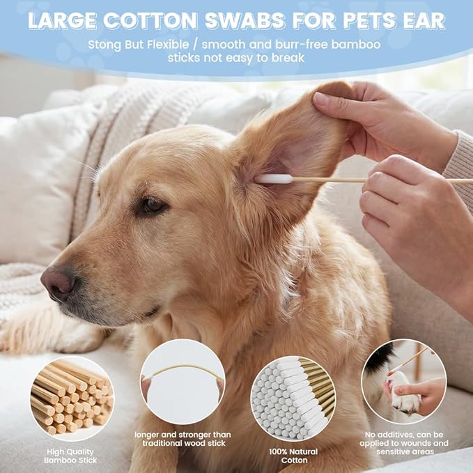 100 Pcs Dog Ear Swabs - 6 Inch Long Cotton Swabs with Absorbency Soft Cotton Tips for Dog Ear Cleaning, Sturdy Bamboo Sticks & Gentle and Lint-Free - Ideal for Pet Cleaning Solution