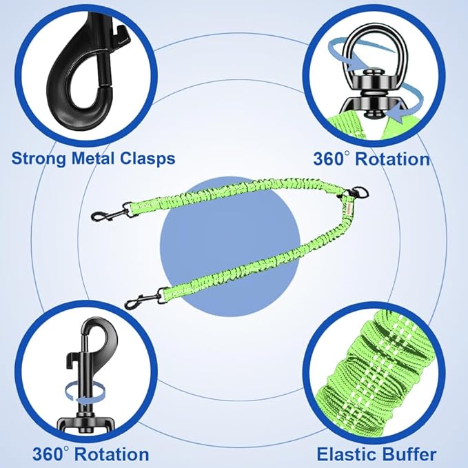 MingXpets Double Dog Leash - 360 Swivel, Tangle-Free Bungee Walking & Training Leash for Large & Medium Dogs, Shock Absorbing, Reflective, 18-120 lbs, Green