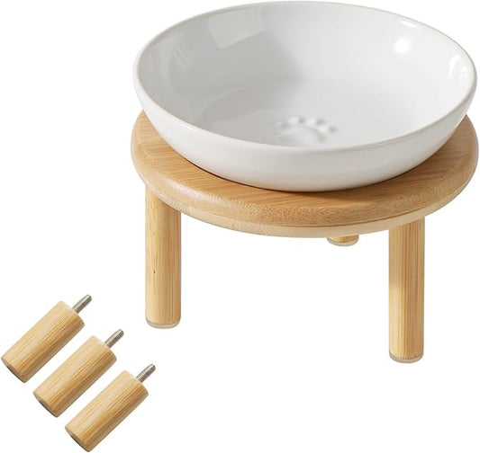 Havniva Elevated Cat Bowls Raised Ceramic Cat Bowl, 5.9” Wide Opening Cat Food Bowl Whisker Friendly Cat Dish Anti-Slip with Bamboo Stand, Shallow Pet Food & Water Bowl for Indoor Cats