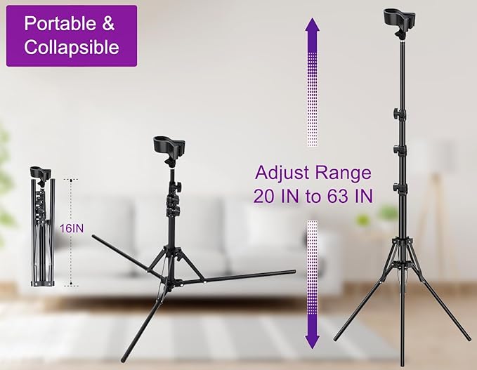 Purple River Hair Dryer Stand 20" to 63" Adjustable Blow Dryer Holder with Tripod and Universal Clip, Easy to Use, Hands Free Relieve Wrist Pain, Shoulder Periarthritis etc (Black)