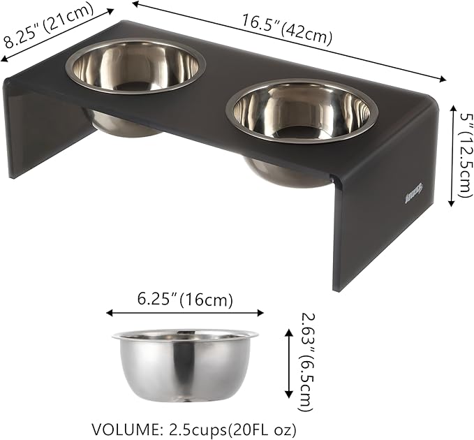 THE LICKER Store DBL2000J Keaton 5" Small/Medium Modern Acrylic Rectangular Elevated Pet Feeder with 20oz 2-Stainless Steel Bowls, Dark Gray/Chrome