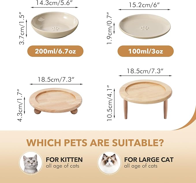 Havniva Cat Bowls Elevated 5.6” Ceramic Cat Bowl with Stand Whisker Friendly Shallow Cat Dishes, Cat Food & Water Bowl Set with Two Heights Options, Anti-Slip Raised Cat Food Bowl for Kitten