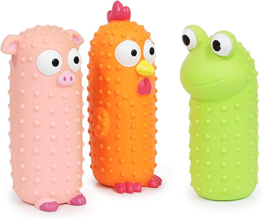 3 Pack Squeaky Dog Toys, Standing Stick Latex Chicken Squeaky Dog Toys Pig and Frog, Interactive Animals Play for Small Medium Large Dogs