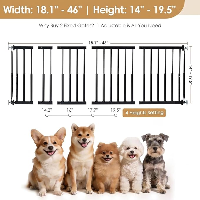 14''-19.5'' Height Adjustable Dog Gate, Extra Wide 18.1"-46" All Metal Short Dog Gate to Step Over, Pressure Mount Small Pet Puppy Gate for Stairs & Doorways(Black)