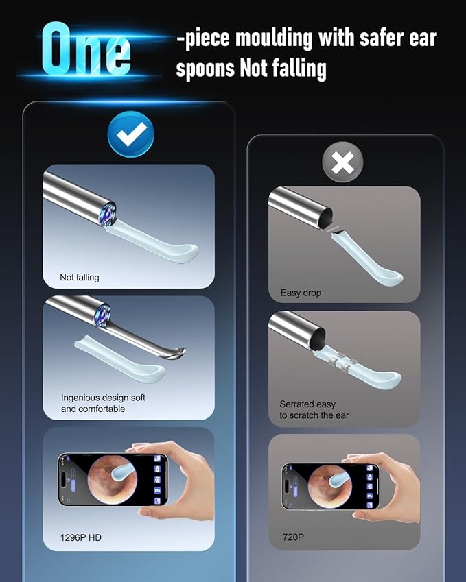 Ear Wax Removal Tool Camera, Ear Cleaner with Camera, Ear Cleaning Kit 1296P HD Ear Scope, 6 LED Lights and 6 Ear Picks, Earwax Removal with Otoscope to Earify Earwax for iOS and Android