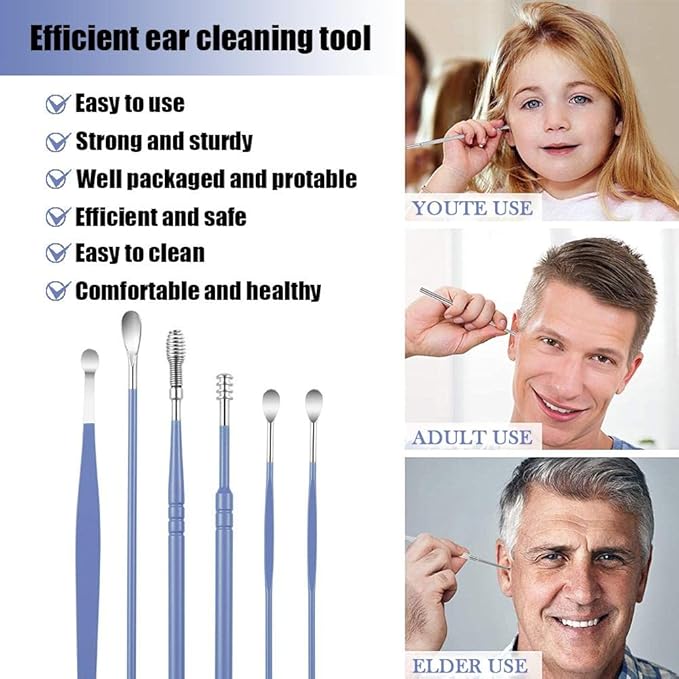 6 Pcs Ear Pick Ear Wax Removal Kit, Ear Cleansing Tool Set, Ear Curette Cleaner, 360° Spiral Design Ear Canal Cleaner Stainless Steel, with a Storage Box Portable Kit for Home and Travel(Blue)
