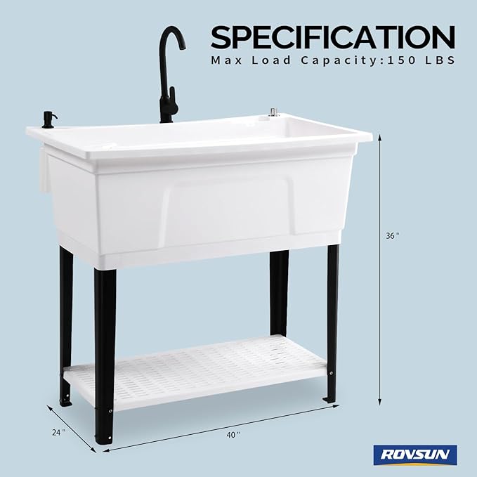 ROVSUN 37-Gallon Freestanding Utility Sink with Faucet, 36" Heightened Basin for Laundry, Garage, Outdoor Garden, Pet Wash, Heavy Duty Plastic Laundry Tub with Storage Shelf, 40"L×24"W×36"H, White