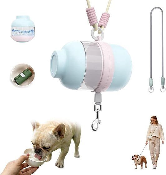3 in 1 Dog Water Bottle with Crossbody Strap & Retractable Leash, Portable Dog Travel Water Bottle with Treat & Poop Bag Dispenser for Small Dogs Walking Hiking(Mint Green)