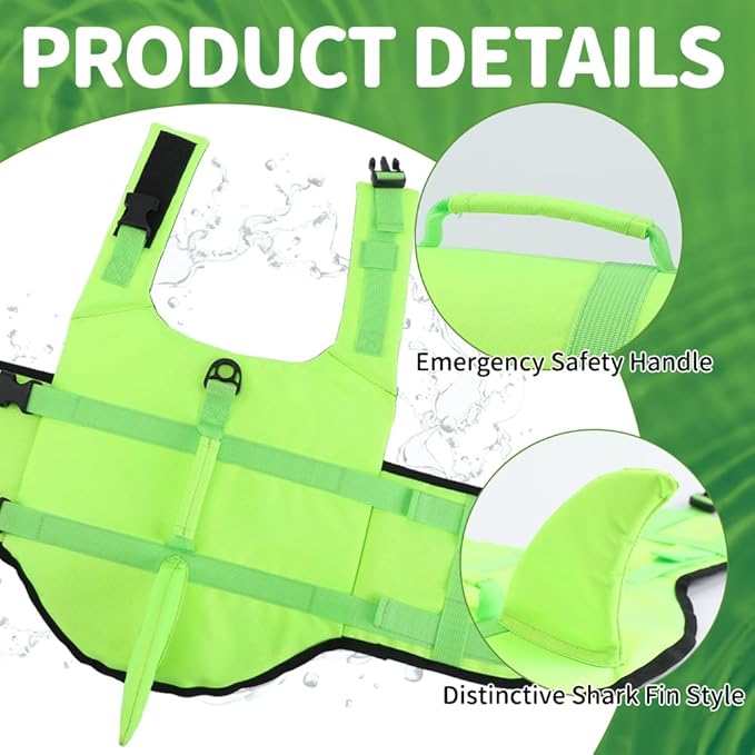 EMUST Dog Life Jacket Shark, Ripstop Dog Lifesaver Vests with Rescue Handle for Small Medium and Large Dogs, Pet Safety Swimsuit Preserver for Swimming Pool Beach Boating (XS, SolidGreen)