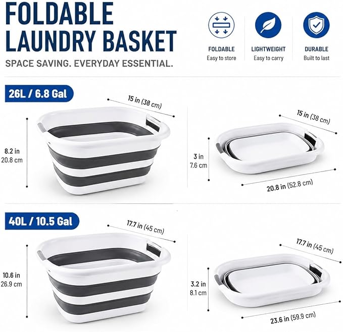 26L/40L Large Collapsible Mop Bucket with Handle for Cleaning, Silicone Portable Pet Bathtub for Puppy Small Dogs Cats, Foldable Laundry Basket Hamper Clothes Storage Bin Space Saving Design (26L)
