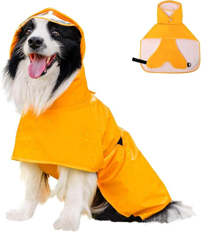 Dog Raincoat, Waterproof Windproof Dog Rain Jacket with Hood, Rain Coat with Leash Hole, Adjustable Raincoat Poncho for Small Medium Large Dogs Outdoor (Yellow, L-)