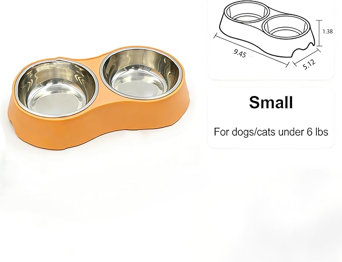 Small Orange Double Pet Bowl – Non-Slip Stainless Steel Food & Water Set for Cats, Kittens & Small Dogs, BPA-Free Mess-Free Feeding Dishes