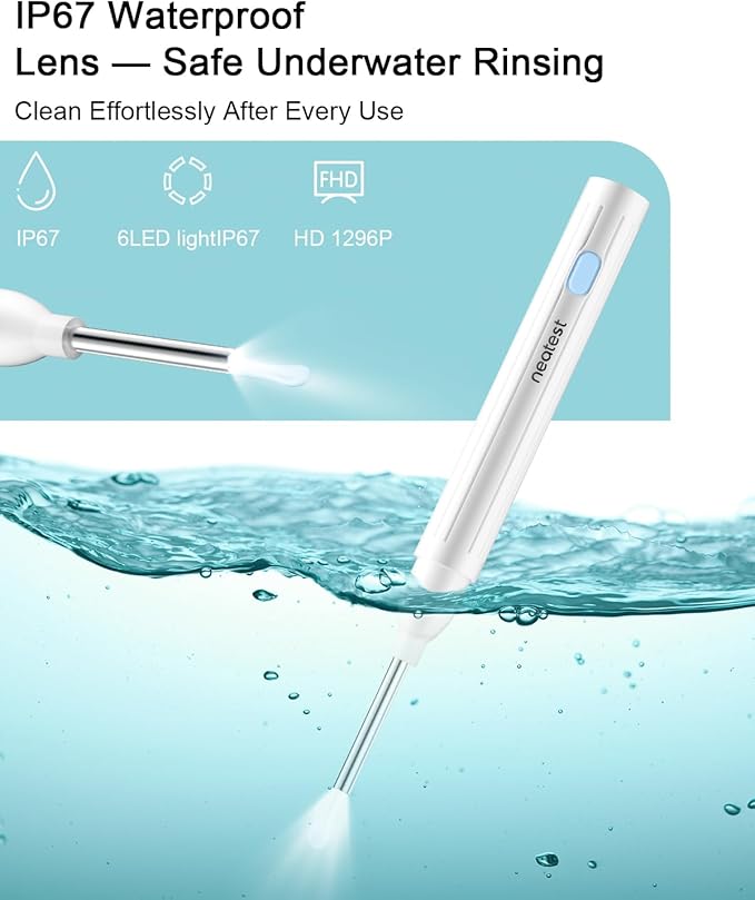 NEATEST Ear Wax Removal Tool with Camera, Ear Cleaner Tool with 8 Pcs Ear Set, 1296P HD Wireless Otoscope with 6 LED, Ear Cleaning Kit for iOS Android (White)