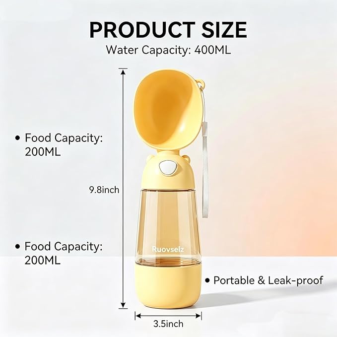 2-in-1 Dog Water Bottle, 400ML Water + 200ML Food Leak-Proof Pet Travel Water Dispenser with Detachable Bowl, BPA-Free Portable Dog Water Bottle for Walking, Hiking, Travel (Yellow)