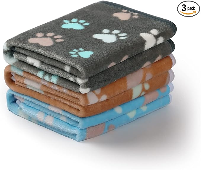 Luciphia 1 Pack 3 Blankets Fluffy Premium Fleece Pet Blanket Flannel Paw Printed Throw for Dog Cat(Large 41x31'', Grey/Brown/Blue)