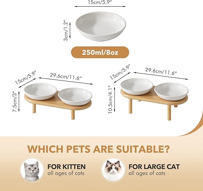 Havniva Elevated Cat Bowls Raised Ceramic Cat Bowl, 5.9” Wide Opening Cat Food Bowl Whisker Friendly Cat Dish Anti-Slip with Bamboo Stand, Shallow Pet Food & Water Bowl for Indoor Cats