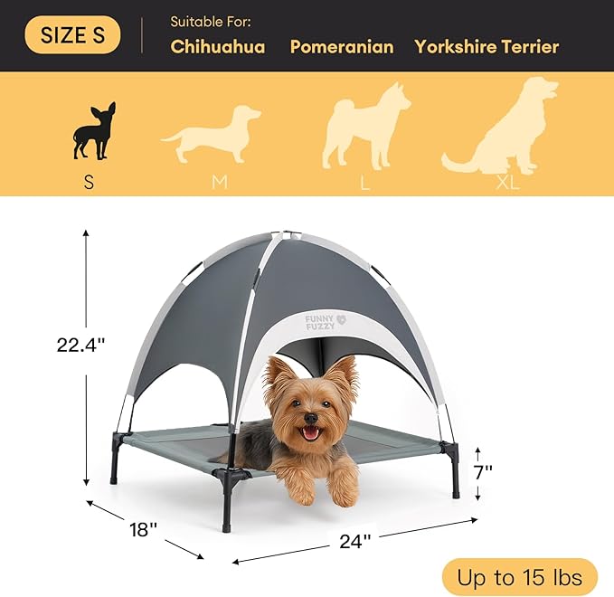 FUNNY FUZZY Elevated Dog Bed with Canopy for Small Dogs, 24"x18"x7" Cooling Outdoor Pet Cot with UV Protection, Breathable Mesh for Cooling, Indoor & Outdoor Use for Dogs, Grey
