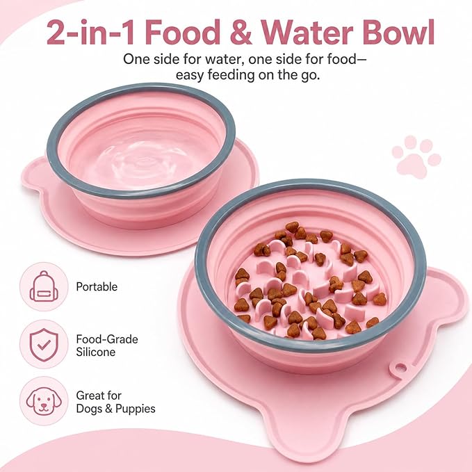 Collapsible Dog Bowls, 2-in-1 Silicone Pet Food and Water Bowl with Carabiner - Portable Double Compartment Travel Dish for Dogs, Ideal for Camping, Hiking, Car Rides, Puppy Essentials(Pink)