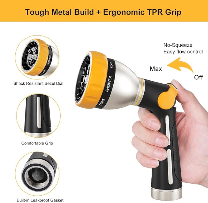 FANHAO Garden Hose Nozzle, 100% Heavy Duty Metal Spray Nozzle with Thumb Control, High Pressure Water Nozzle with 8 Adjustable Spray Patterns for Watering Plants, Washing Cars and Showering Pets