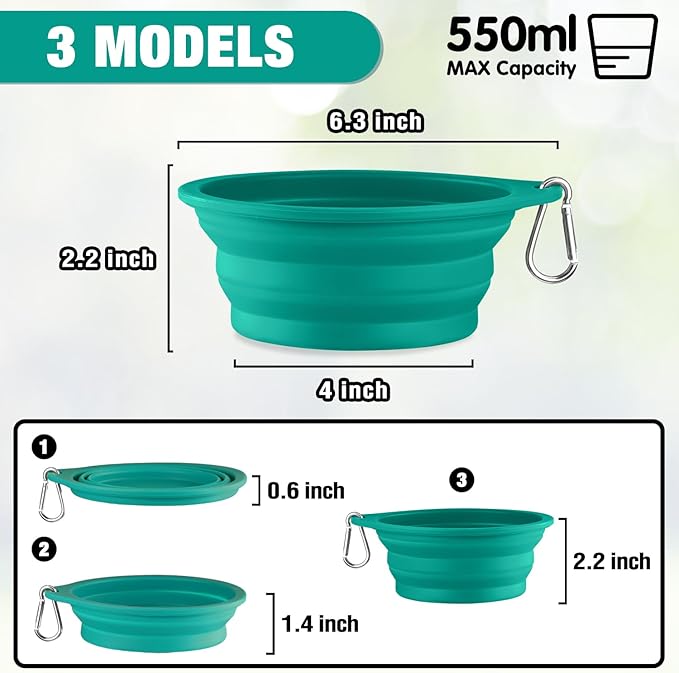 Rest-Eazzzy 2-Pack Silicone Collapsible Dog Bowls, BPA Free Dishwasher Safe, Portable Foldable Travel Bowl, Food Water Feeding Cup Dish for Dogs Cats with 2 Carabiners (Green, Blue, 550 ML)