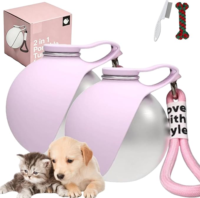 2 in 1 Portable Tumbler for Dogs – 10oz Stainless Steel Pet Water Bottle with Silicone Foldable Bowl, Portable Dog Water Bottle for Walks, for Walking, Hiking & Travel, One-Hand Operation (Pink*2)