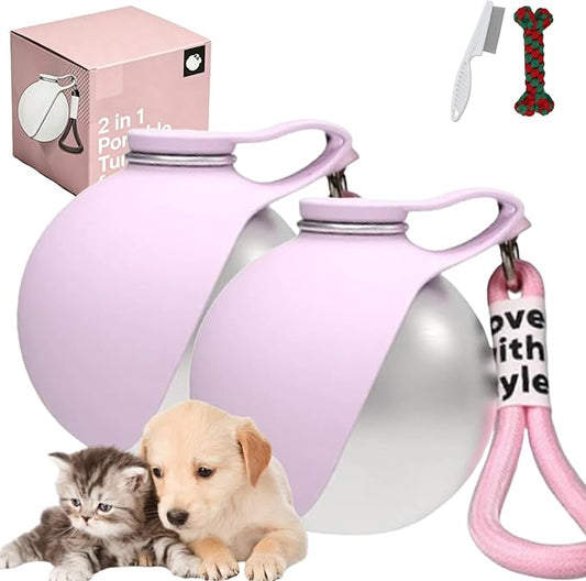 2 in 1 Portable Tumbler for Dogs – 10oz Stainless Steel Pet Water Bottle with Silicone Foldable Bowl, Portable Dog Water Bottle for Walks, for Walking, Hiking & Travel, One-Hand Operation (Pink*2)