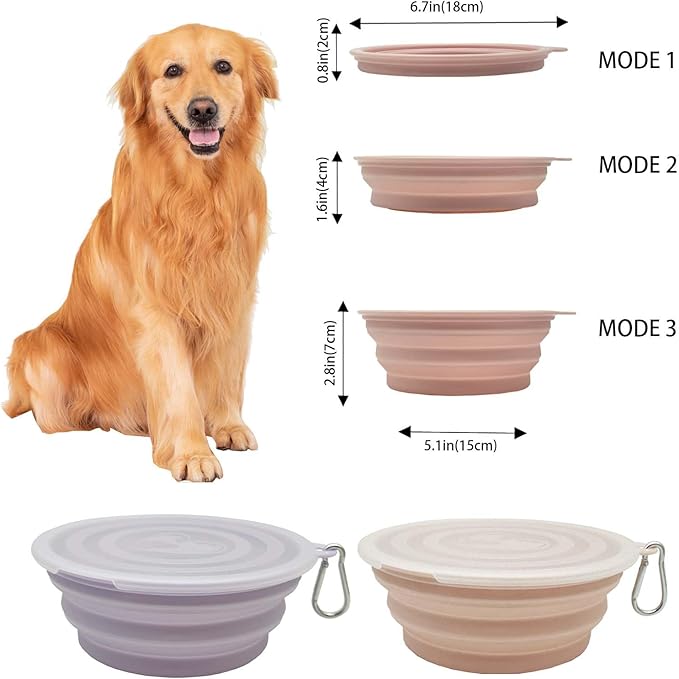 Large Collapsible Dog Bowl 35oz,2 Pack Portable and Foldable Pet Travel Bowls with 2 Carabiners & Lids for Dogs Cats and Small Animals (Macaron Purple+Pink, 1000ml)