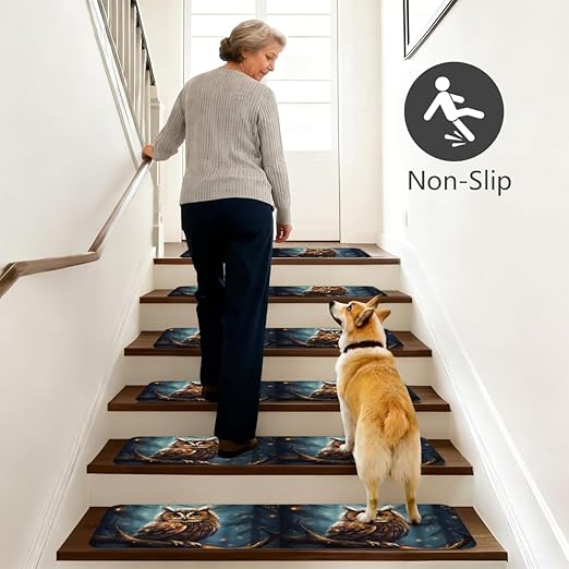 Animal Forest Owl Stair Treads for Wooden Steps Indoor Washable Staircase Carpet 10PCS 30"x7.8" Stair Step Treads Non-Slip Staircase Covers Peel and Stick Safety Mat for Kids Elders Pets
