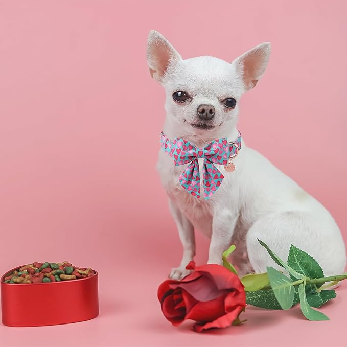 Valentine’s Day Dog Collar with Bow Tie, Pink Heart Bowtie Collar with Metal Buckle, Valentine’s Day Gift Pet Collar for Puppy Girl Boy Dog or Cat, Wedding Dog Collar, S, Neck 10-16in