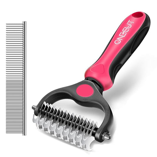 Pet Grooming Brush and Metal Comb Combo, Pet Grooming Rake and Brushes for Small, Medium & Large Dogs Double Sided Deshedding Tool Removes Knots and Tangled Hair (Red)