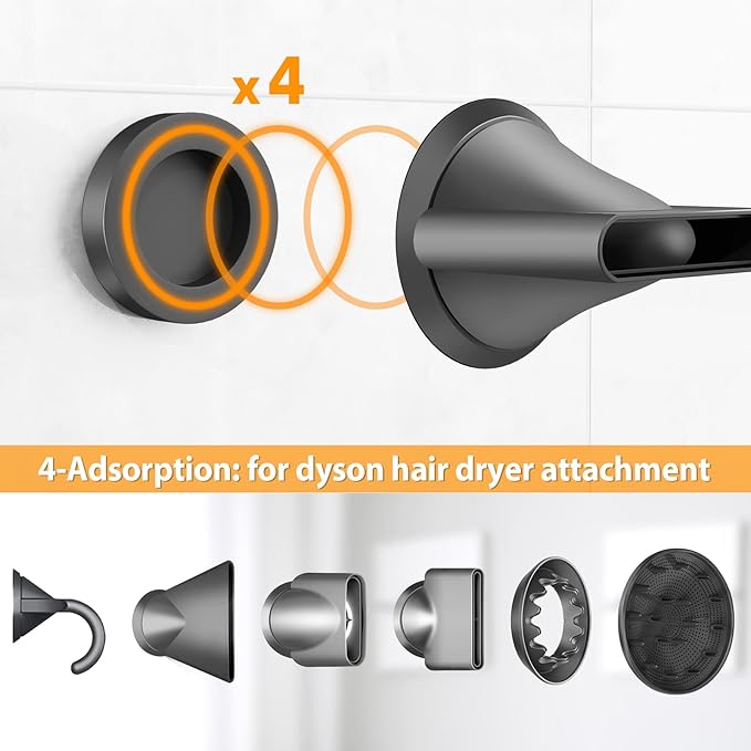 XIGOO Hair Dryer Holder Wall Mounted with 4-Adsorption, Self Adhesive Blow Dryer Holder for Power Plug, Diffuser and Nozzles Accessories Organizer, Matte Black