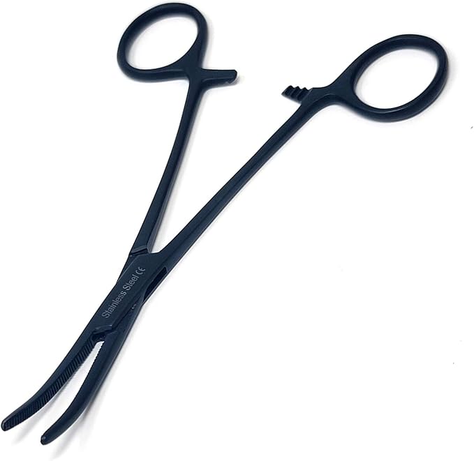 Dog Pet Ear/Nose Hair Puller Grooming Hemostat Locking Forceps Curved Pliers, 5.5" (14cm) Full Serrated Clamps Stainless Steel (All Black)